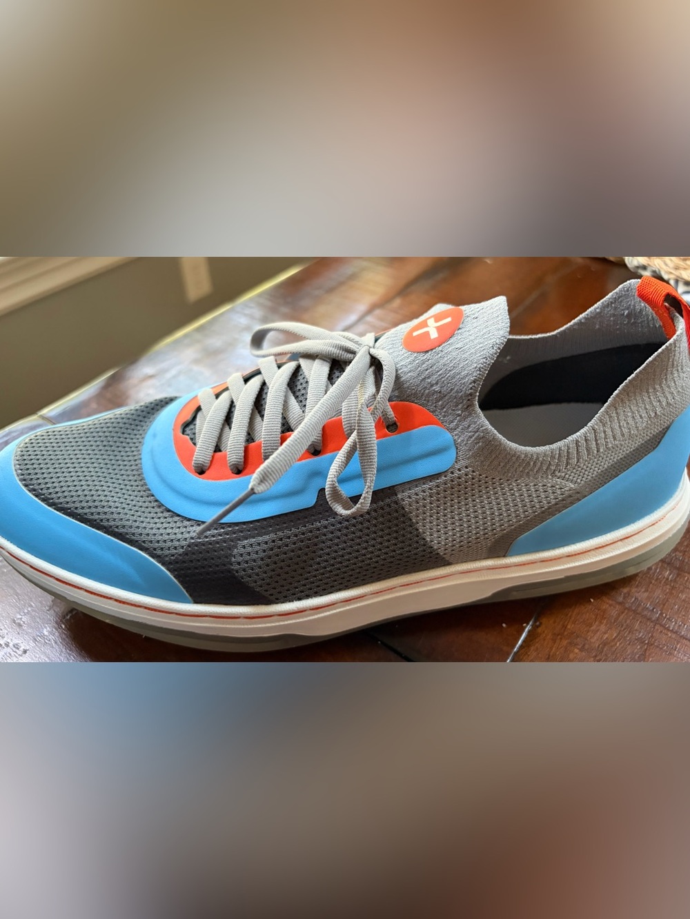 Bangr Made+ custom Men’s shoes. Gray Athletic Sneakers with Blue & Orange Accent